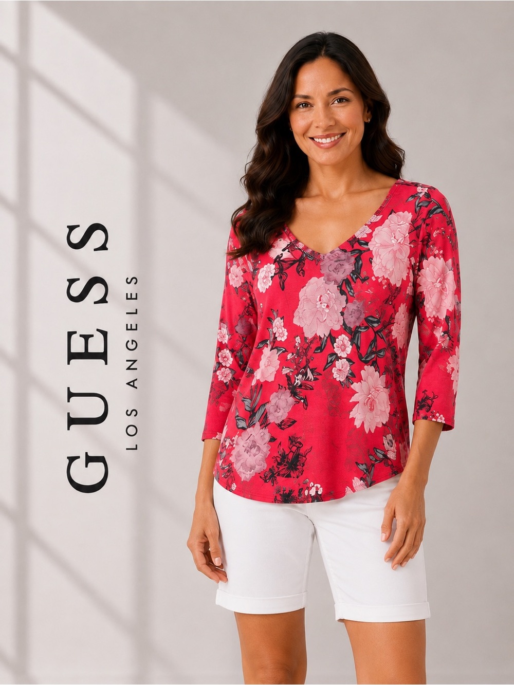 •Guess Red Pink Floral V-Neck 3/4 Sleeve Top | Small